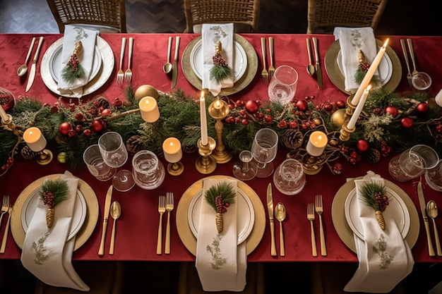 Weihnachtstischlandschaft, eleganter formeller Esstisch, Tischdekoration mit Feiertagsdekoration für Party-Event-Feier, generative KI