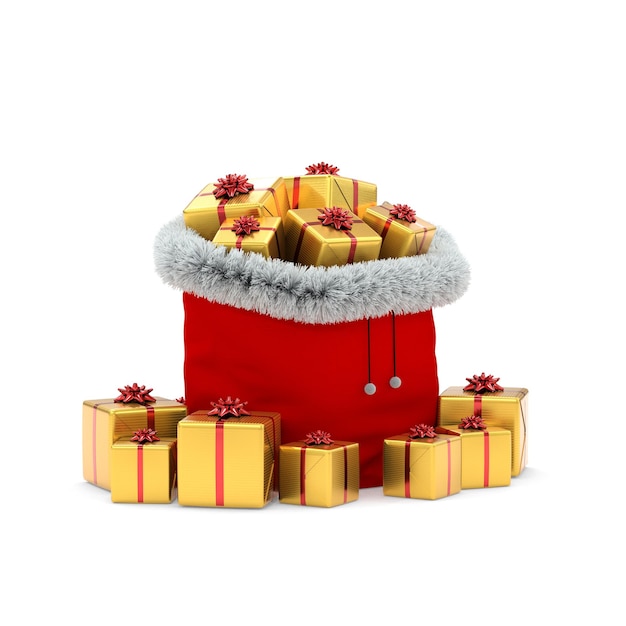Weihnachtstüte voller roter Geschenke 3D-Rendering weißen Hintergrund