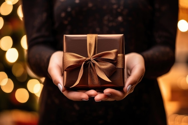 Weihnachtsüberraschungsfrau präsentiert ein Weihnachts- und Neujahrsgeschenk, das festliche Wärme ausstrahlt