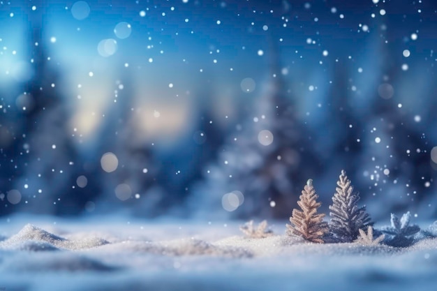 Weihnachtswinterhintergrund mit Schnee und verschwommenem Bokeh, generiert von KI