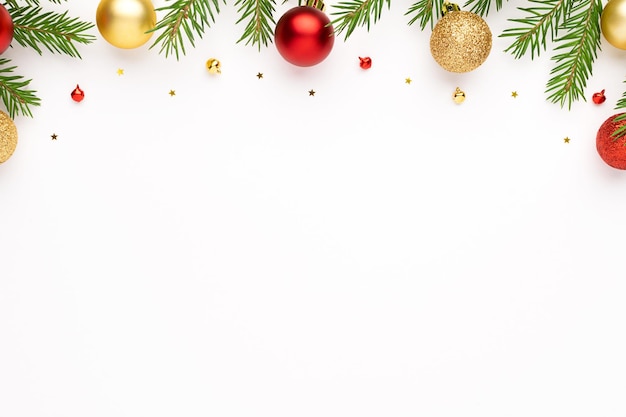 Foto weihnachtswohnung lag mit tannenzweigen, kugeln und weihnachtsschmuck auf weißem hintergrund.