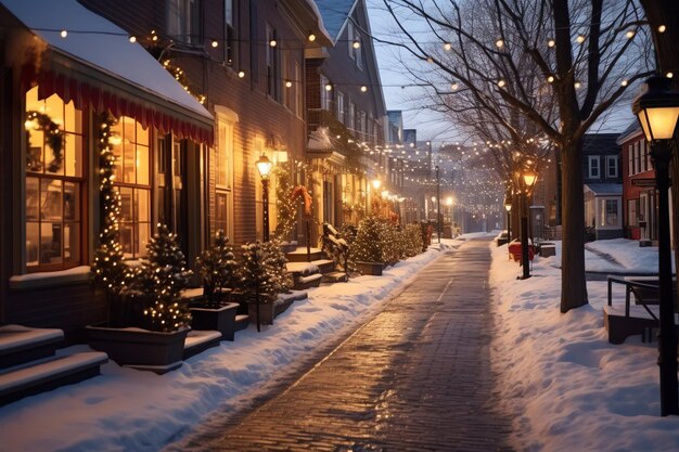 Foto weihnachtszeit im freien im winter schneebedeckte straße mit licht in den häusern in der nacht weihnachtsszene in der stadt