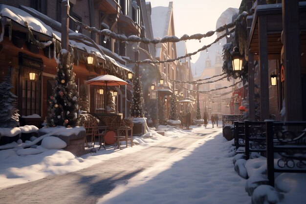 Weihnachtszeit im Freien im Winter schneebedeckte Straße mit Licht in den Häusern in der Nacht Weihnachtsszene in der Stadt