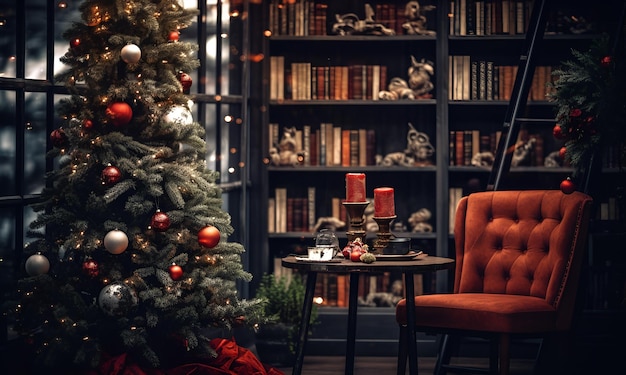 Foto weihnachtszeit kaffeetisch in einer café-bar oder einem restaurant mit heißem getränk und keksen gegen den tannenbaum festliche girlande bokeh-lichter neujahrsdekorationen gemütliche wohnungen hotelzimmer