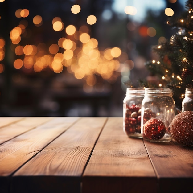 Weihnachtszeit und Tisch mit freiem Raum und verschwommenem Hintergrund