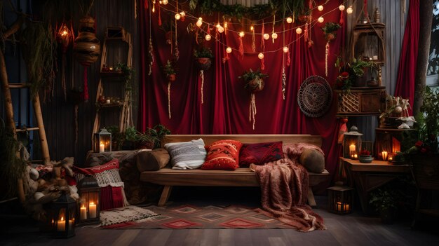 Weihnachtszimmer-Interior-Design im Boho-Stil Helles Wohnzimmer, geschmückt mit festlichen weihnachtlichen Dekorationen Hyperrealistische Fotografie Generative KI