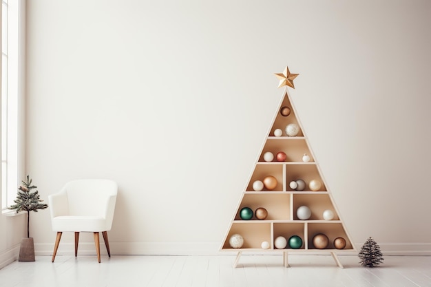 Weihnachtszimmerinterieur im skandinavischen Stil Holzbaum leere Wand Mockup Nachhaltige Weihnachten