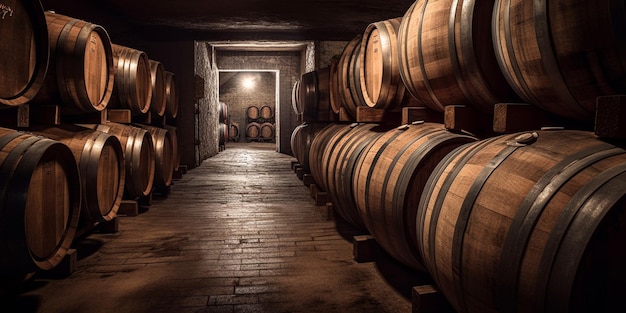 Wein- oder Cognacfässer im Keller des Weinguts Weinfässer aus Holz in perspektivischen Weingewölben alte Eichenfässer mit Craft Beer oder Brandy