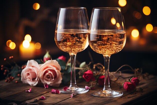 Wein und Rosen Eleganz Zwei Gläser auf einem unscharfen Hintergrund