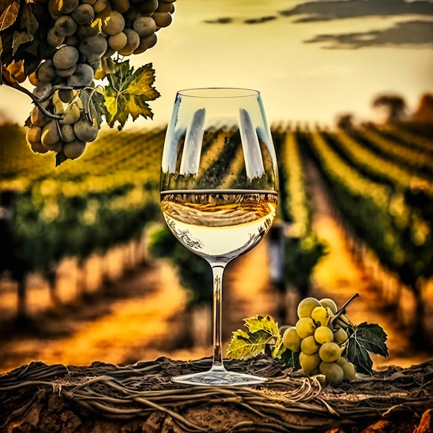 Weinberg mit Reihen von Reben und einem Glas Wein generative KI