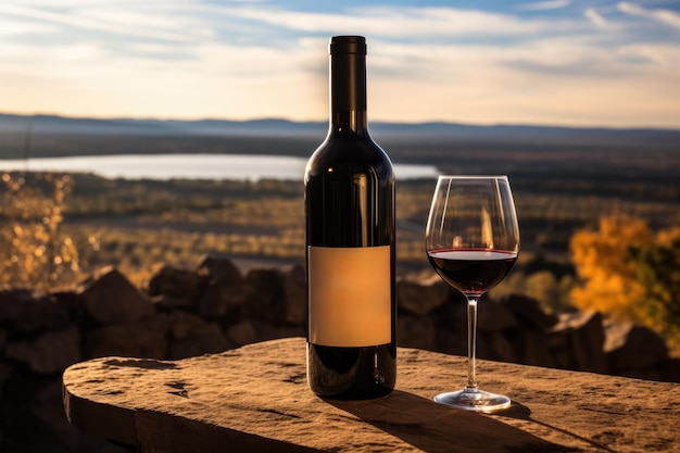 Weinbergverkostung, Weinflasche und Glas vor malerischer Kulisse