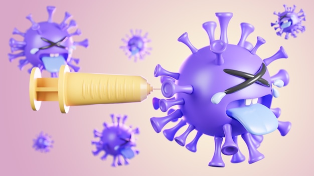 Weinen niedlichen lila Colona-Virus-Charakter, der mit Spritze auf Pastellhintergrund injiziert wird., Impfstoff covid-19., 3D-Modell und Illustration.