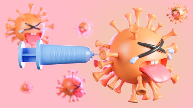 Weinen niedlichen orange Colona-Virus-Charakter, der mit Spritze auf Pastellhintergrund injiziert wird., Impfstoff covid-19., 3D-Modell und Illustration.