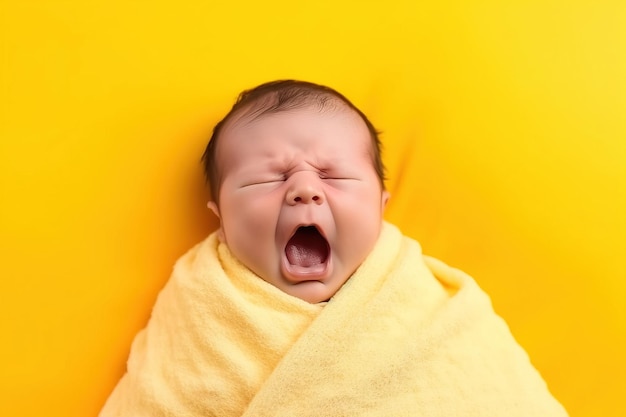 Weinendes neugeborenes Baby, eingewickelt in eine gelbe Decke auf gelbem Hintergrund