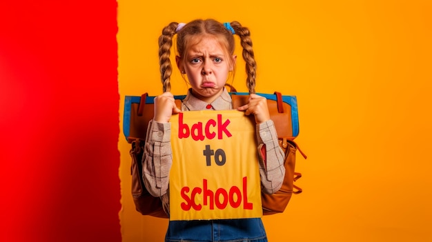 Weinendes Teenager-Mädchen mit Schwanzflossen hält ein Poster mit der Aufschrift "Zurück zur Schule" in leuchtender Farbe