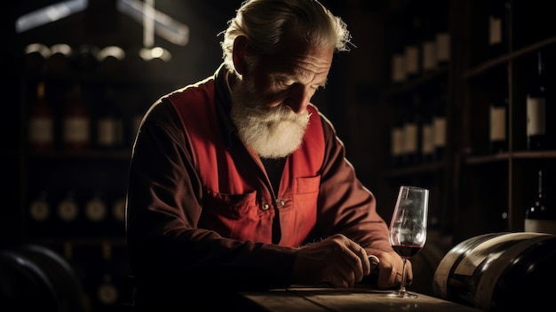 Weinexperte inspizieren das Etikett der Flasche im Weinberg inmitten alter Fässer mit dramatischer Beleuchtung
