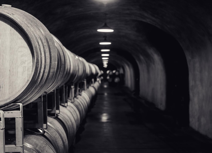 Foto weinfässer in einem beleuchteten tunnel