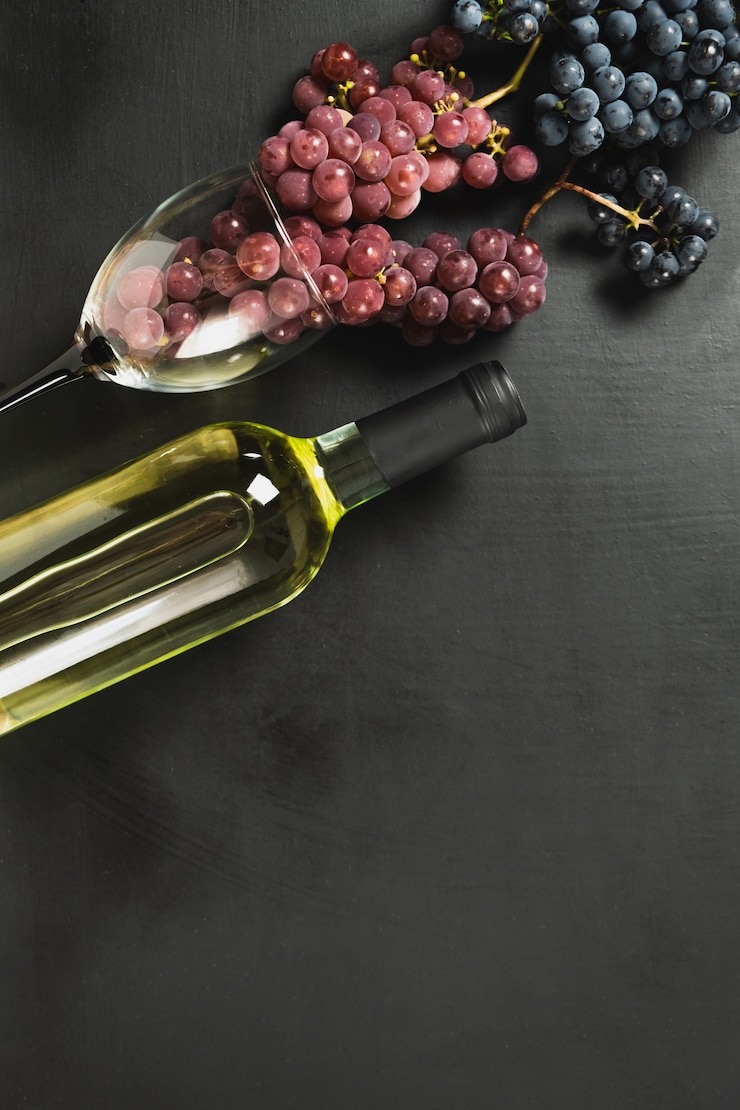Foto weinflasche, glas und frische trauben