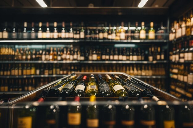 Weinflaschen auf einem Alkoholregal in einer Bar oder einem Spirituosenladen