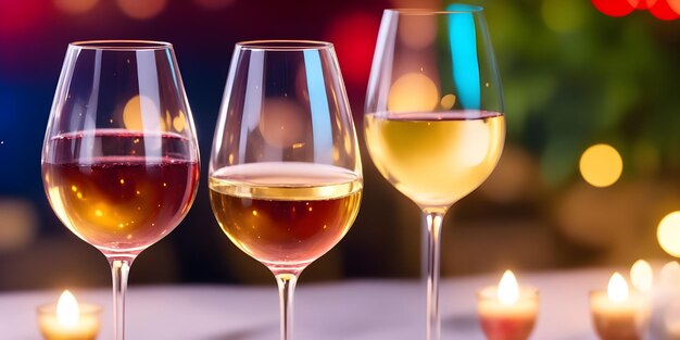 Weingläser mit Weißwein und Rotwein auf dem Tisch Bokeh-Lichter Hintergrund Kopierraum