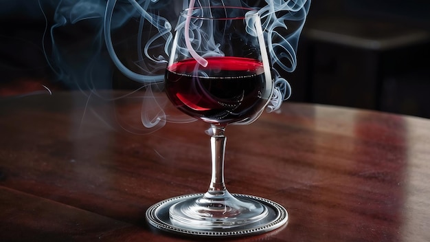 Weinglas mit rotem Getränk und Rauch