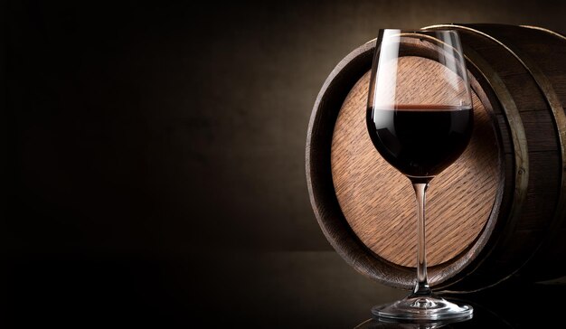 Weinglas Rotwein und Fass auf braunem Hintergrund