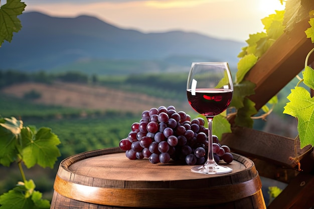 Weinglas-Trauben- und Weinberghintergrund auf Fass