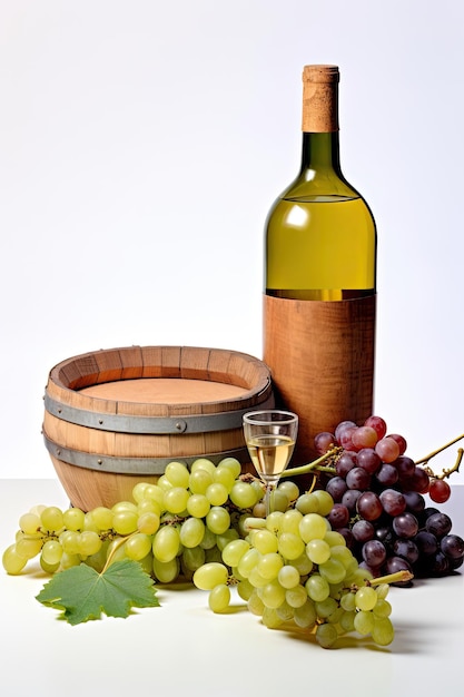 Weinglasflaschenfass und Traubenfrucht auf weißem Hintergrund