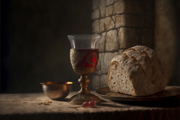 Weinkelch mit einem Stück Brot auf einem Abendmahlstisch, Wein, Brot, Abendmahl, Christus, Generat