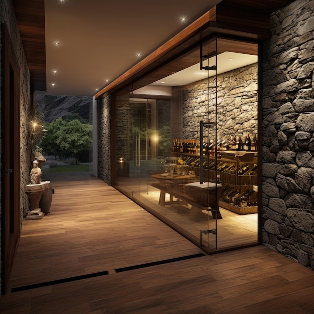 Weinkellerraum Glaseingangstür Naturstein an Wänden Holzböden Generative Klimaanlage