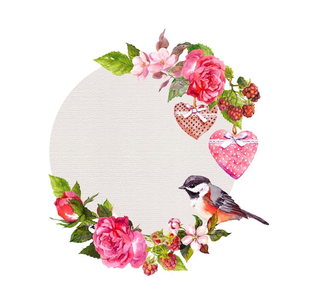 Weinleseblumenkranz für hochzeitskarte, valentinstagdesign. blumen, rosen, beeren, vintage herzen und vogel. runder aquarellrahmen für save date-text