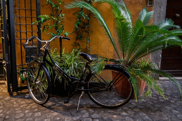 Weinlesefahrrad geparkt auf einer Kopfsteinstraße