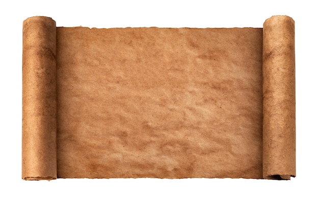 Foto weinlesepapierbeschaffenheit, gerolltes handwerkliches pergament lokalisiert auf weißer oberfläche, alte schriftrolle