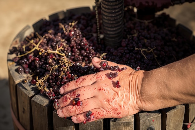 Weinpresse mit rotem Most und spiralförmiger Schnecke Traditionelle alte Technik der Weinbereitung