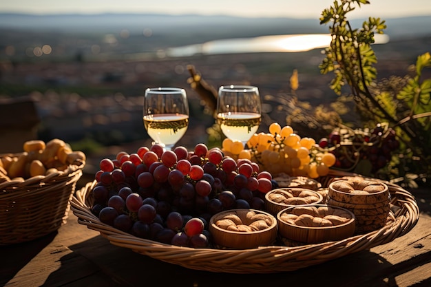 Weinprobe im Weingut mit Weinbergen im Hintergrund generative IA