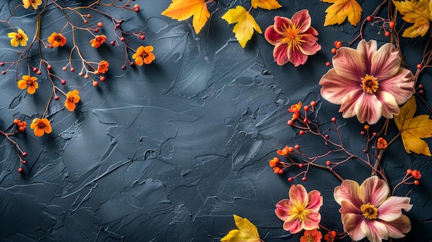 Weinreben und Blumen auf einem matten schwarzen Hintergrund mit Kopierraum