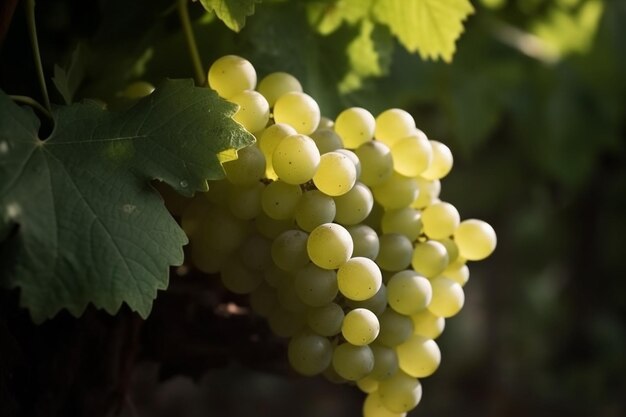 Weinreben und ein Bündel weißer Trauben im Garten der Weinberg