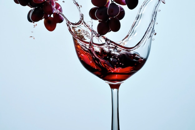 Weintrauben fallen ins Weinglas und verursachen Spritzer