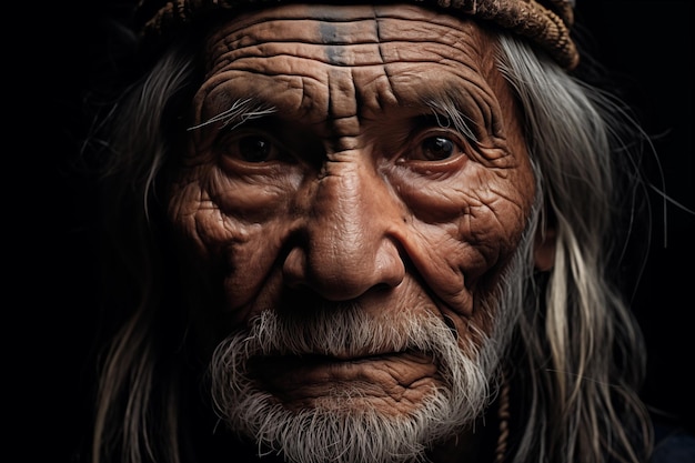 Weise ältere Falten, die auf ihrem Gesicht eingraviert sind und ein Leben voller Geschichten und Erfahrungen widerspiegeln