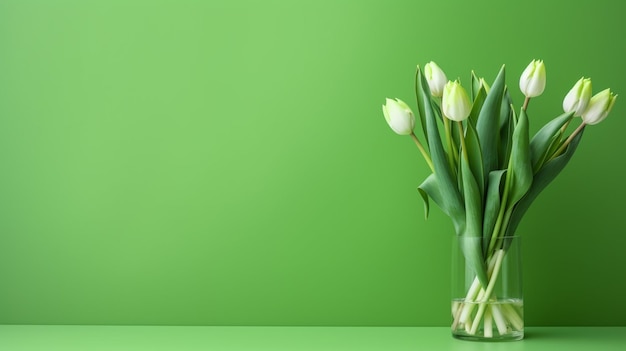 Weiß gefärbte Tulpen stehen auf einem grünen Hintergrund generativer KI