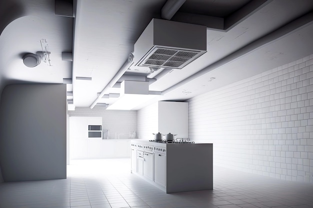 Weiß geflieste Küche mit leerem Dachboden und Lüftungskanälen an der Decke