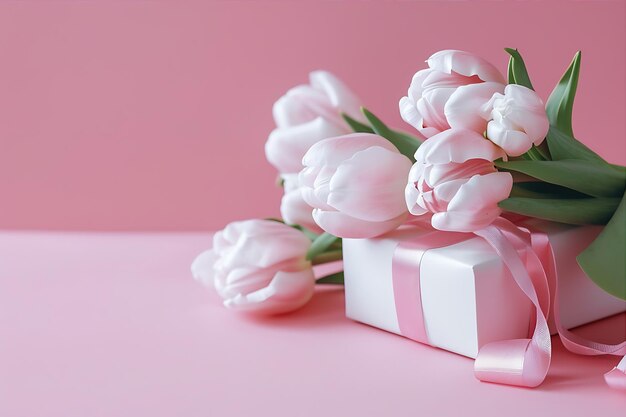 Weiß-rosa Geschenk und Tulpen auf rosa Tisch