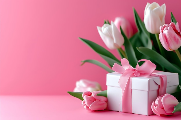 Weiß-rosa Geschenk und Tulpen auf rosa Tisch