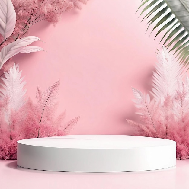 Weiß-rosa Podiumsbühne mit KI-generiertem Naturhintergrund