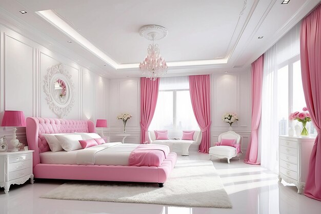 Weiß-rosa schönes Luxus-Schlafzimmer mit weißer Innendekoration modernes weißes Badezimmer