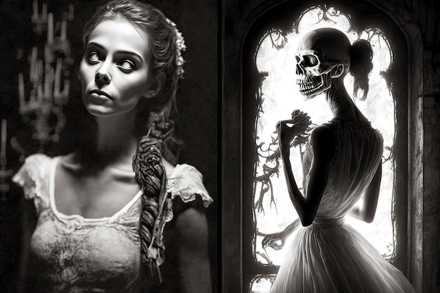 Weiß-schwarze Fotografien mit bösem Mädchen und gruseligem Geister-Skelett generativer KI