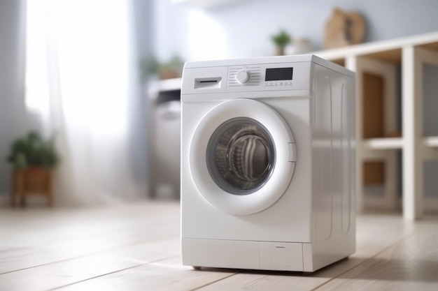 Weiß verschwommenes Hauswäschezimmer mit moderner Waschmaschine Hintergrund leerer Raum für Text