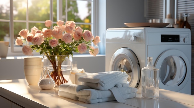 Weiß verschwommenes Hauswäschezimmer mit moderner Waschmaschine