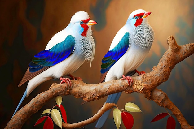 Weißblaue Königsvögel mit großem rotem Schnabel auf Zweig generativer ai