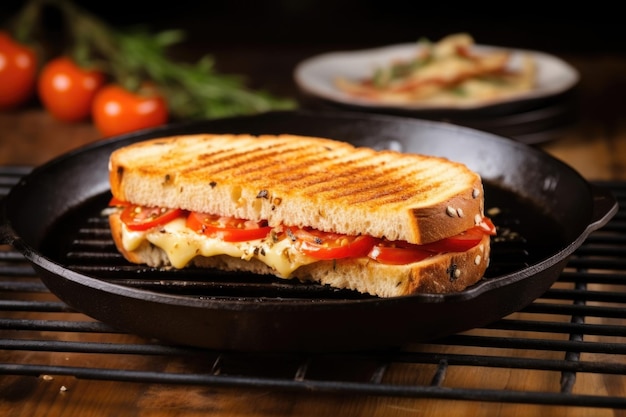 Weißbrot-Sandwich unter einer gewürzten Castiron-Grillpresse